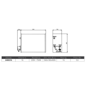 Boiler Isotemp Square in Acciaio Inox Volume 16Lt 5,5Bar Resistenza 230V 750W FNI2400216-28%