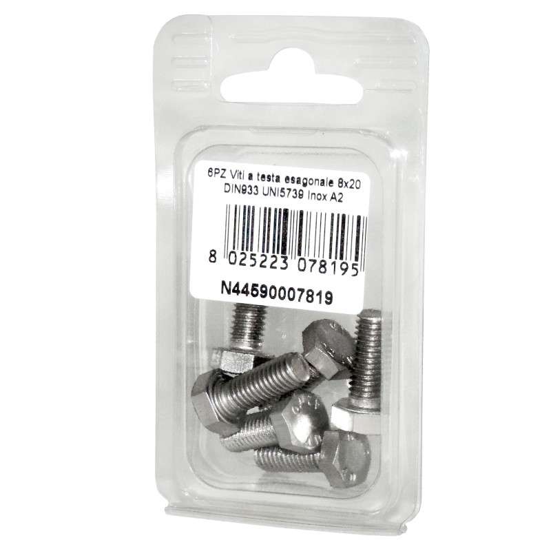 Viti a testa esagonale piana Inox A2 DIN933 UNI5739 8x20mm 6pz N44590007819