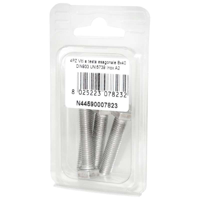 Viti a testa esagonale piana Inox A2 DIN933 UNI5739 8x40mm 4pz N44590007823