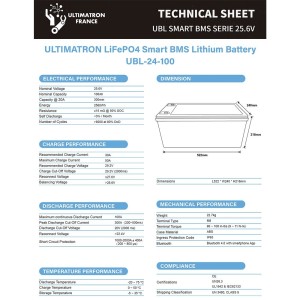 Ultimatron LiFePO4 24V 100Ah UBL-24-100-PRO Lithium Battery BMS Smart Bluetooth 2560Wh ULUBL24100