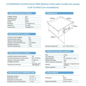 Ultimatron LiFePO4 12V 200Ah ULM-12-200H Batteria al Litio BMS Smart Bluetooth ULULM12200H