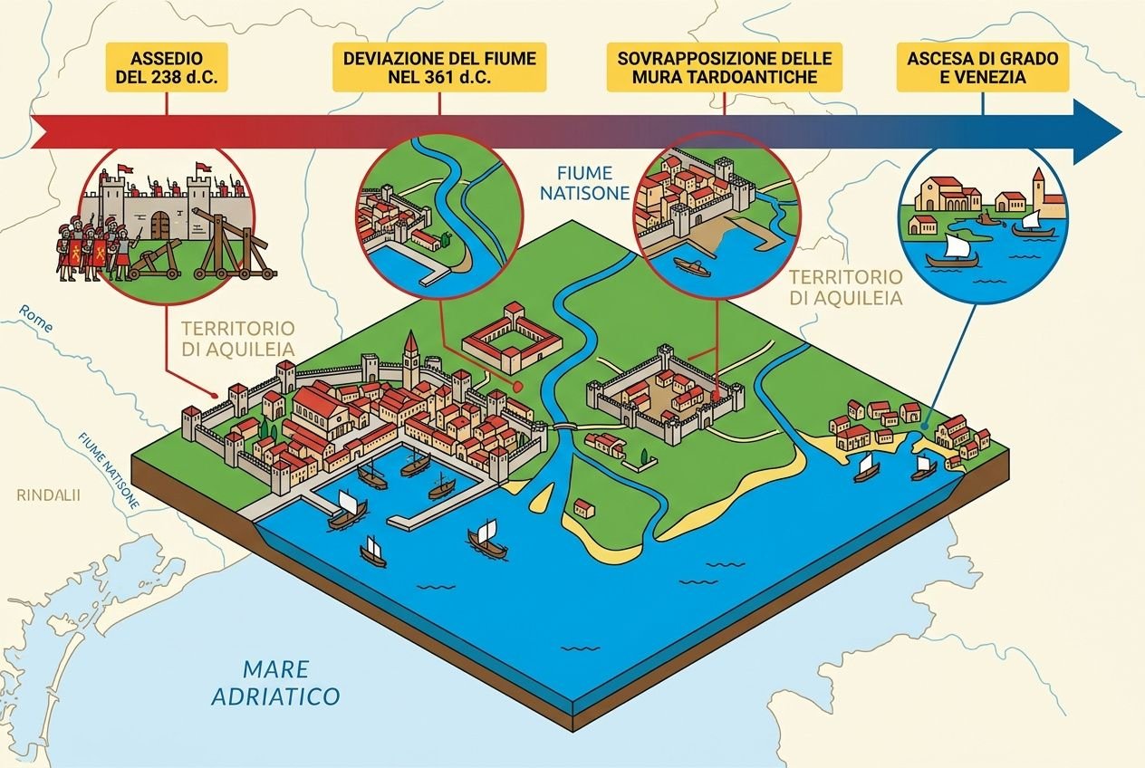 Alt text: Diagramma illustrativo dell’antico porto fluviale di Aquileia sul fiume Natissa, con scorci del porto, mura e infrastrutture, e una legenda temporale in alto.