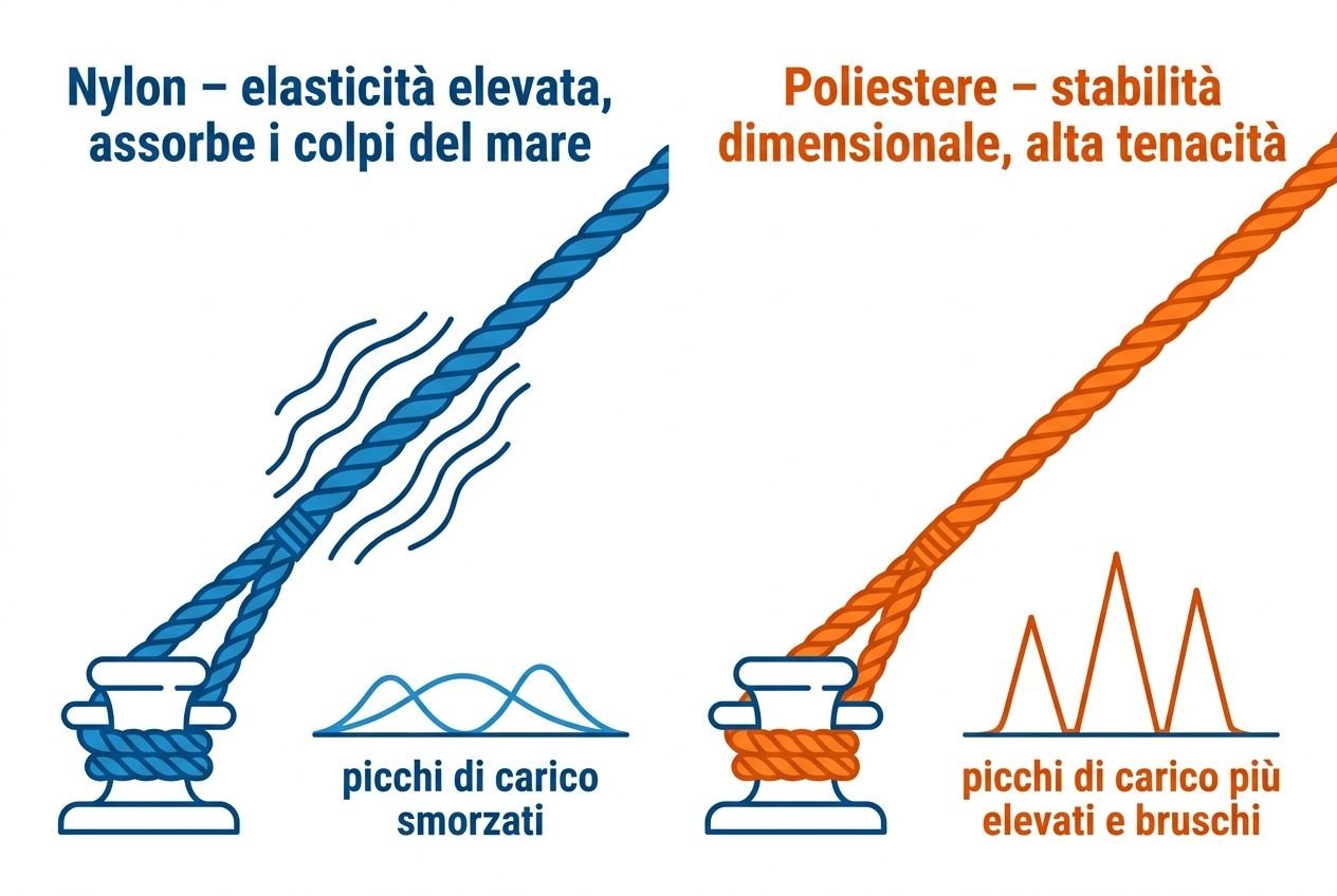 Ancoraggio barca durante tempesta: raffigurazione di corda in nylon con elevata elasticità assorbendo i colpi del mare; a destra corda in poliestere per stabilità dimensionale con picchi di carico più elevati e bruschi.
