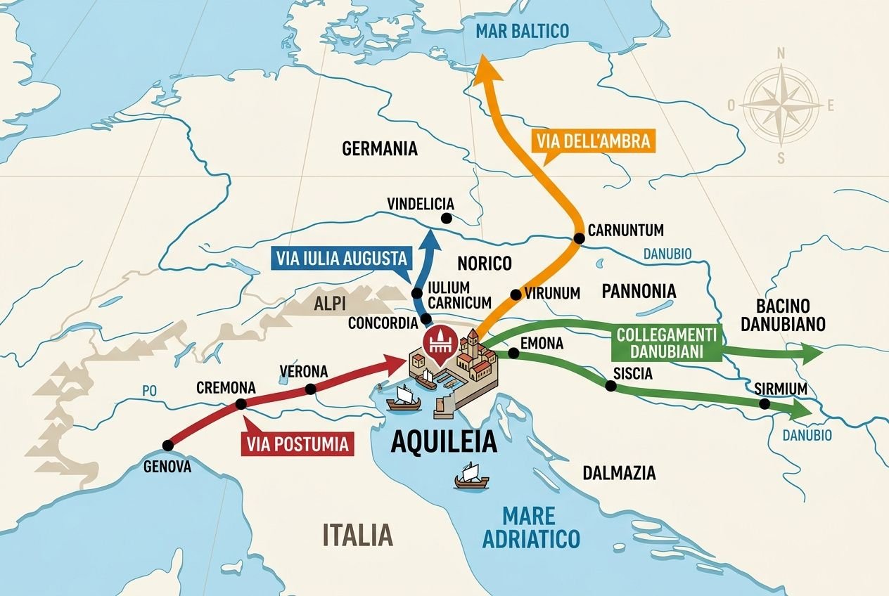 Antico porto fluviale aquileia: mappa storica con assi viari, collegamenti Danubiani e vie romane all’imbocco del Natissa.
