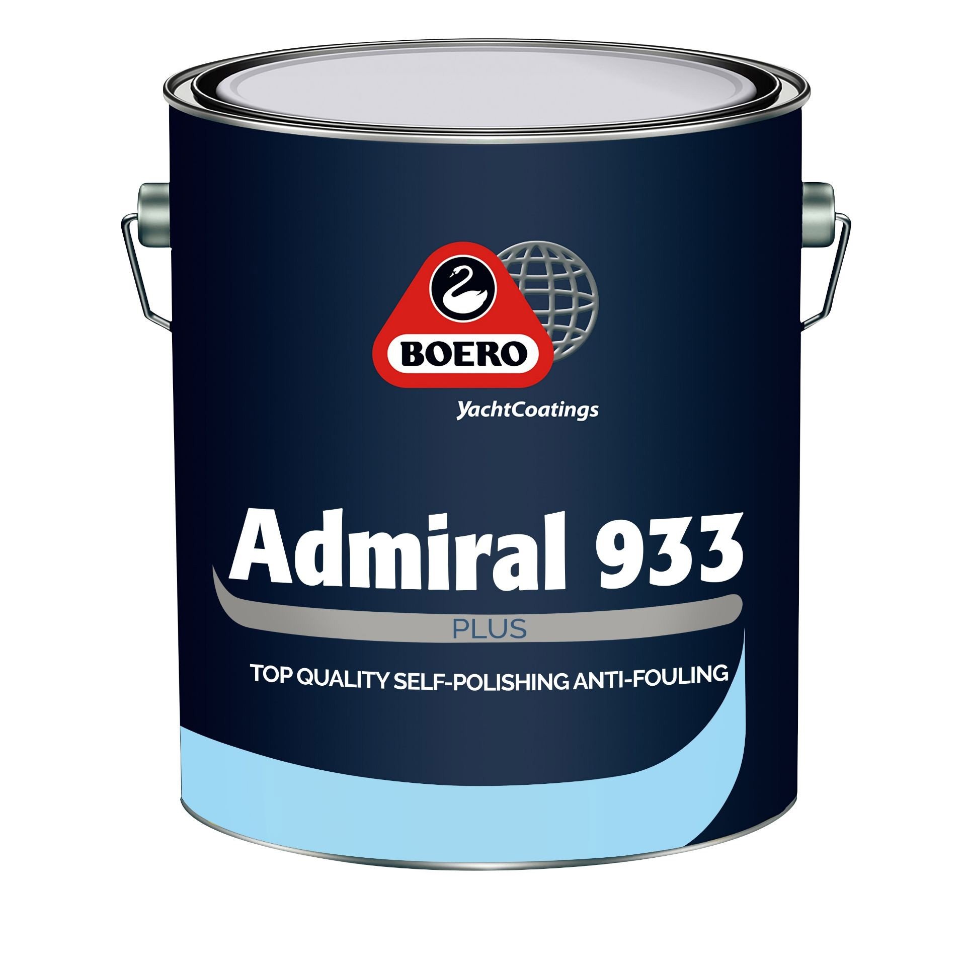Antivegetativa barca a vela Admiral 933 Plus in barattolo blu, logo Boero YachtCoatings, etichette “Top Quality Self-Polishing Anti-Fouling” e superficie verniciata.