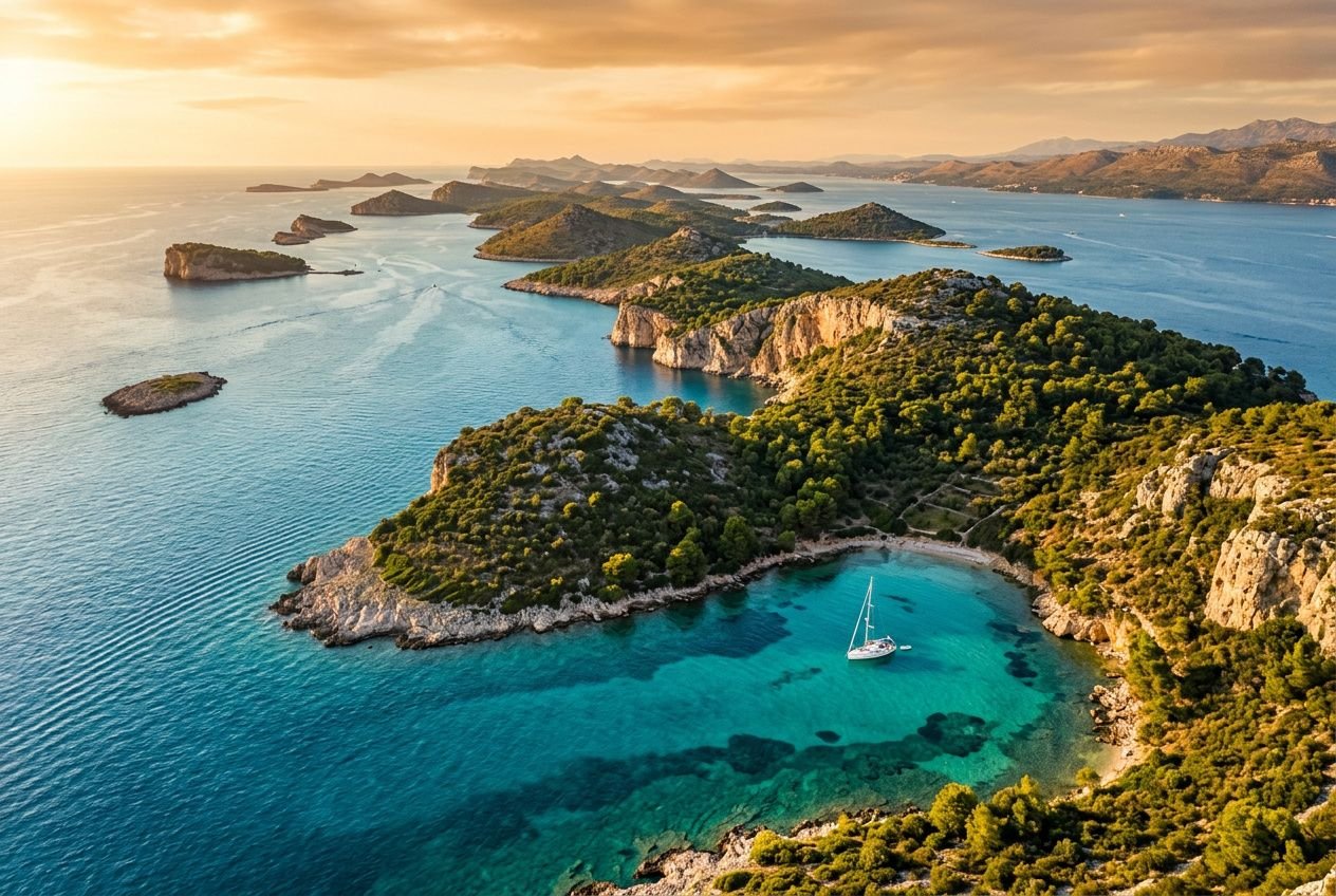 Baia spettacolare lungo la costa della Croazia: barca ancorata in remoto, insenature verdeggianti e arcipelago al tramonto, esplorare la costa della croazia.