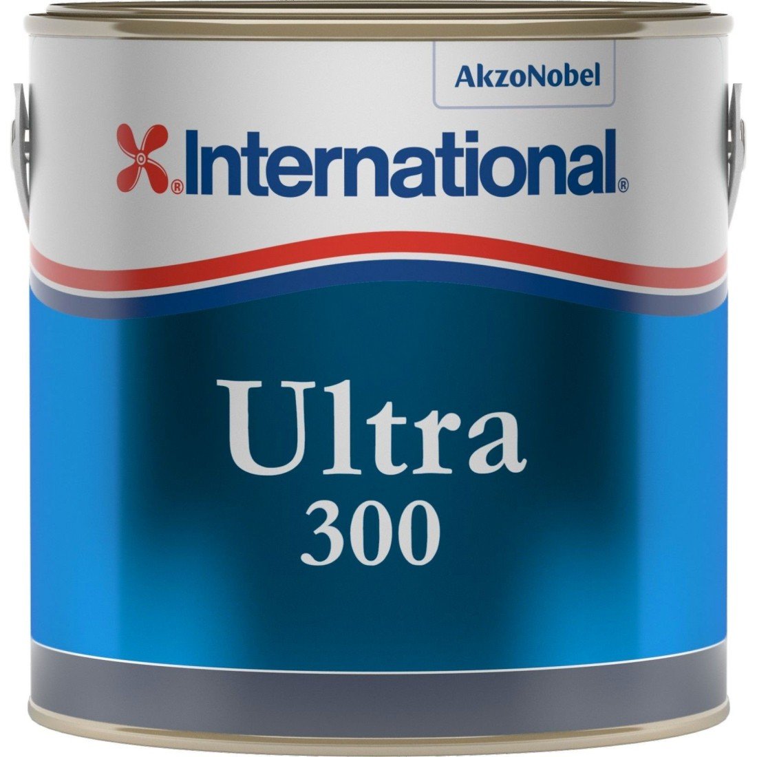 Barattolo di antivegetativa per barche, marchio International Ultra 300, confezione cilindrica bianco-azzurra con logo AkzoNobel.
