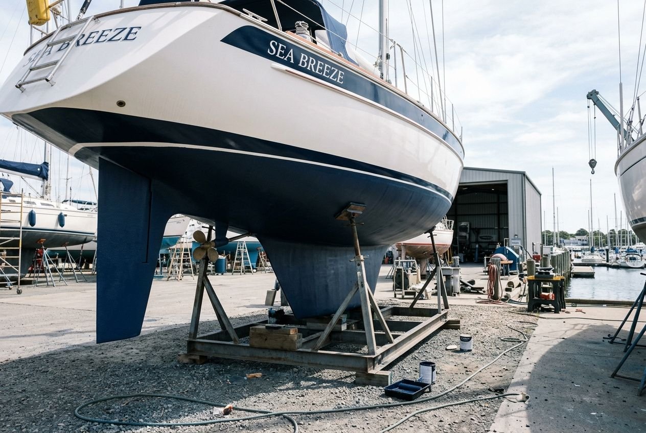 Barca in cantiere su cavalletti, pronta per la verniciatura, con attrezzi e colori a terra vicino al molo. Colori dell'antivegetativa in primo piano nell'ambito della manutenzione navale.