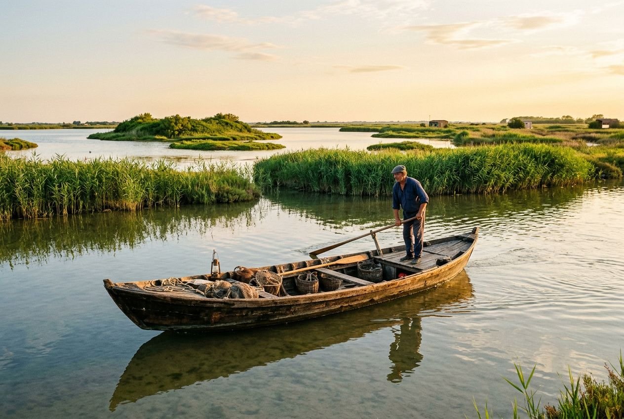 Barca di legno sul canale della laguna di Grado, tra canneti e isolette al tramonto, pescatore a riva. laguna di grado