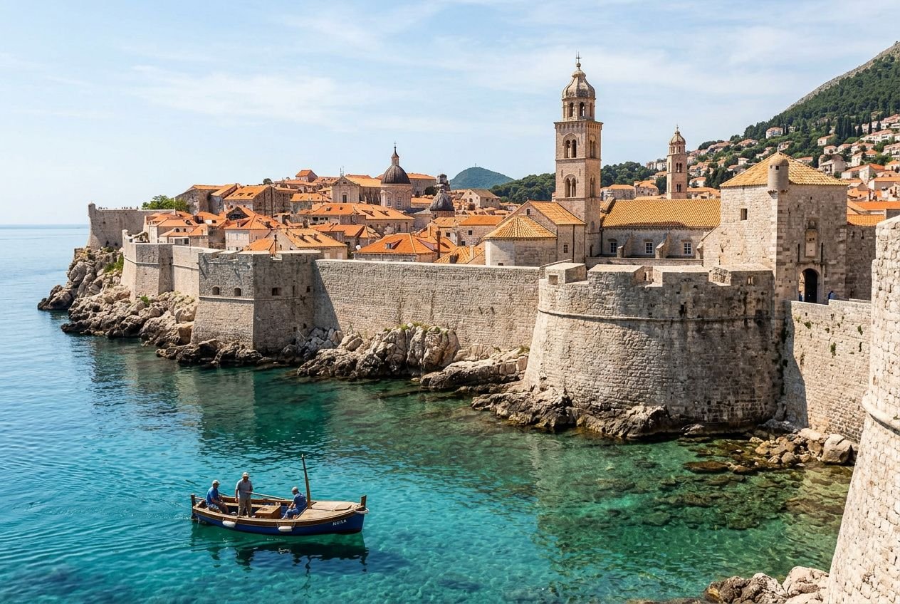 Barca in mare azzurro davanti a una storica fortezza e muraglioni di pietra, sulla costa di una città croata, con tetti arancioni. Esplorare la costa della croazia.