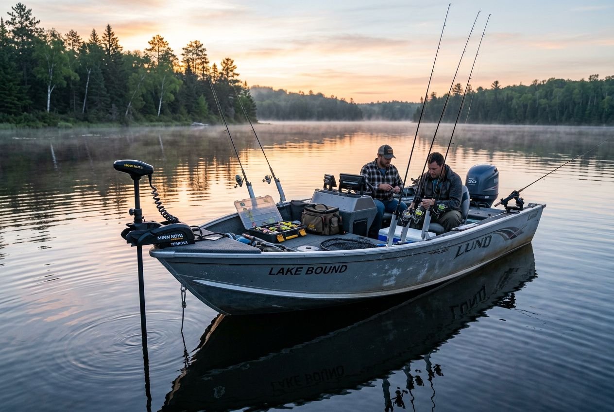 Barca da pesca sul lago al tramonto, equipaggiata con motore elettrico di prua per pesca sportiva e attrezzatura, immersa in calme acque.