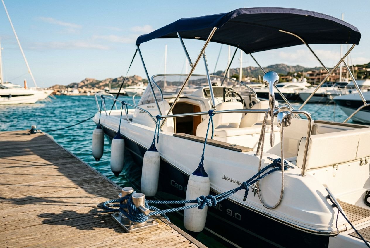 Barca a vela ormeggiata al pontile con cime e parabordo, ombrellone e sedili: scalo navale ideale per esplorare i migliori accessori barca da acquistare.