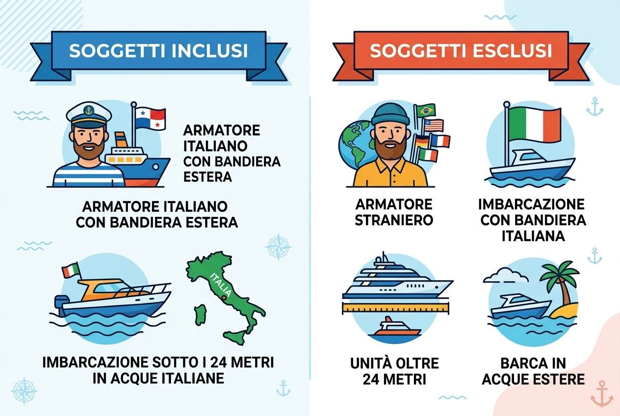 Barche con bandiera estera: chi è coinvolto e chi no, con grafica divisa in SOGGETTI INCLUSI e SOGGETTI ESCLUSI mostrando armatori italiani con bandiera estera, imbarcazioni straniere, e indicatori di ubicazione entro 24 metri in acque italiane o oltre.