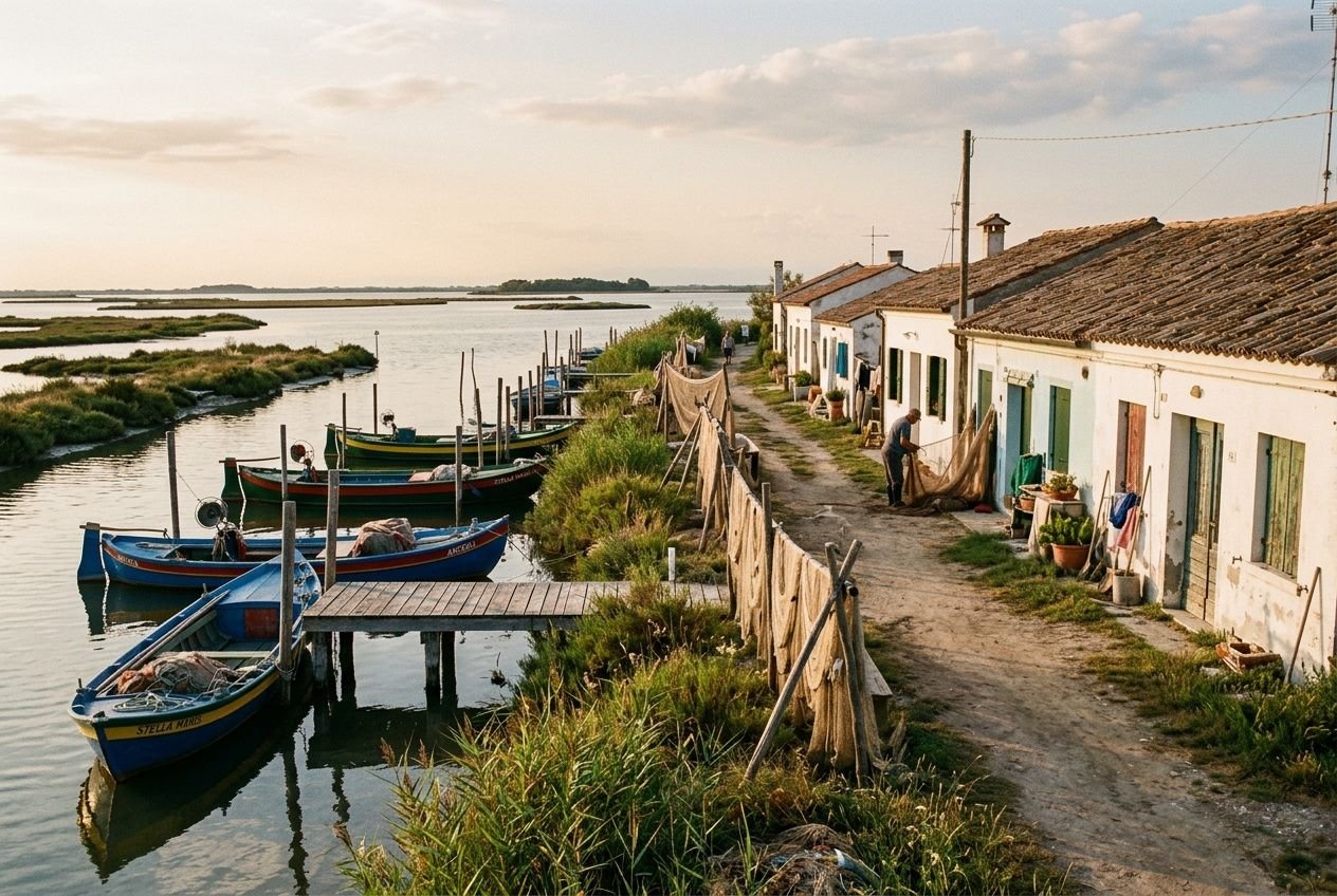 Barche colorate ormeggiate lungo la canaletta accanto a case di pescatori, in una laguna al tramonto, con un sentiero e canale. come raggiungere isola anfora grado integra naturalmente.