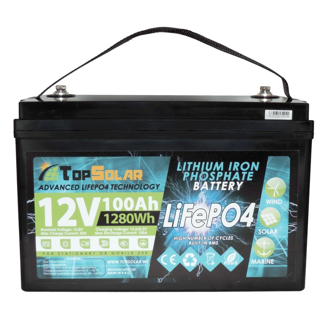 Batteria al litio ferro fosfato LifePO4 da 12 V e 100 Ah con etichette spiegate e manico, pronta per uso nautico.