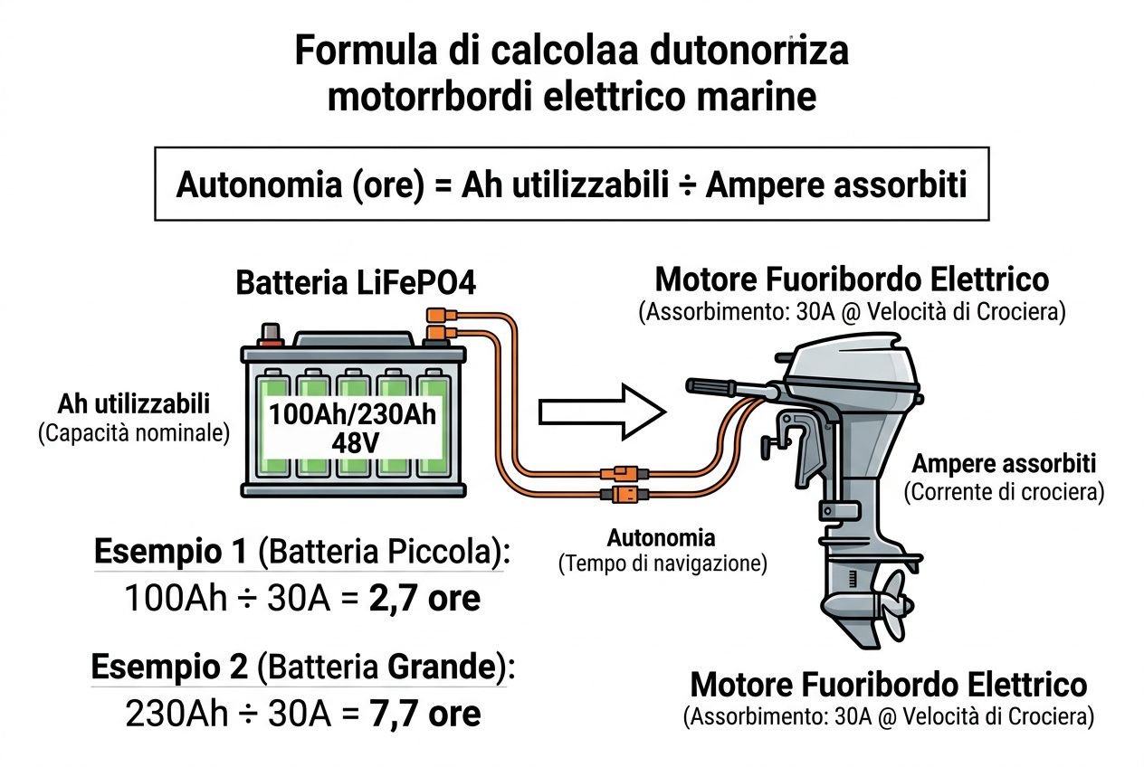 Batteria litio motore elettrico barca: diagramma con batteria LiFePO4 da 100–230 Ah collegata a motore fuoribordo elettrico; mostra autonomia in ore e differenze tra batteria piccola (100 Ah = 2,7 ore) e grande (230 Ah = 7,7 ore).