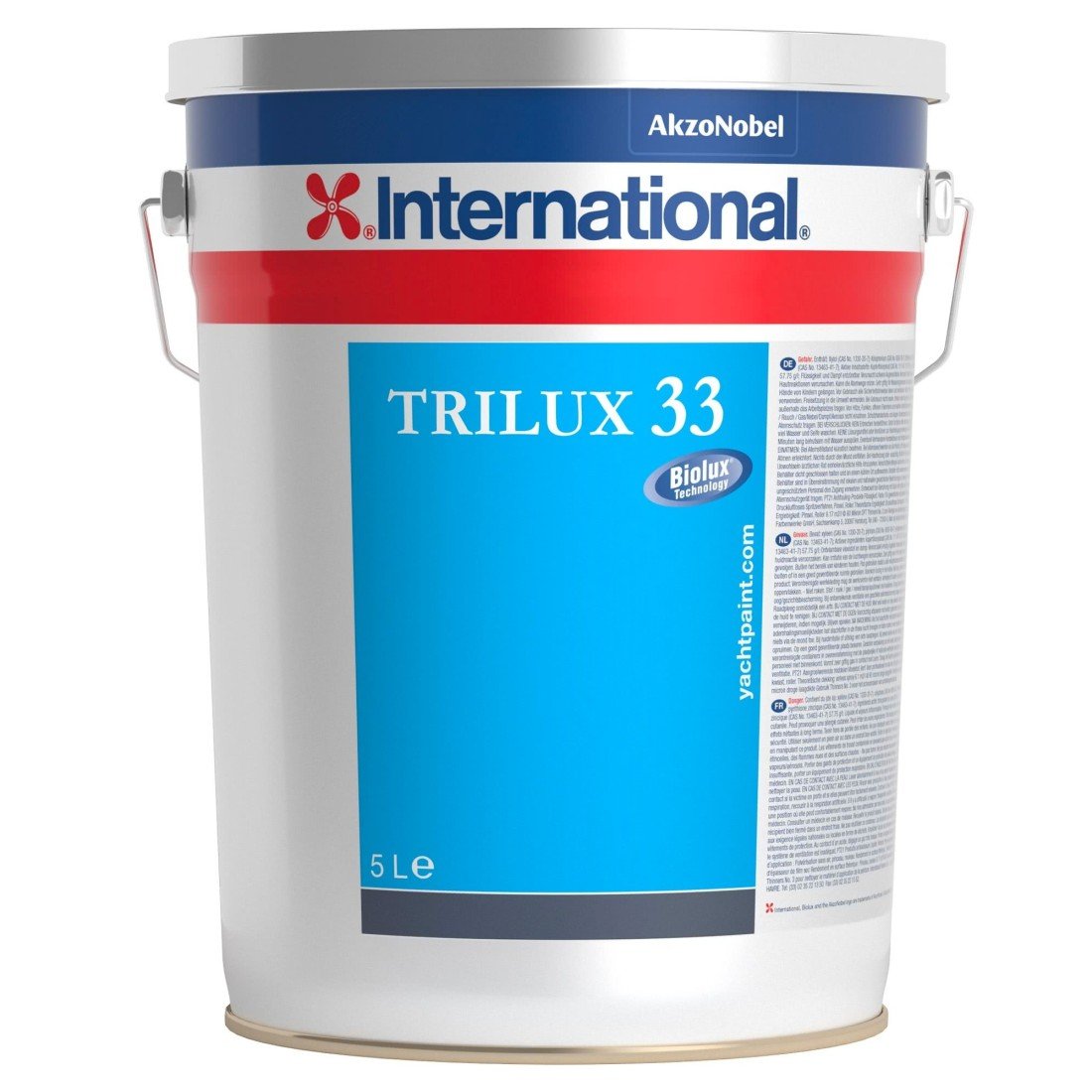 Bidone di vernice antivegetativa International Trilux 33 da 5 L, contenitore bianco con etichetta blu e logo AkzoNobel.