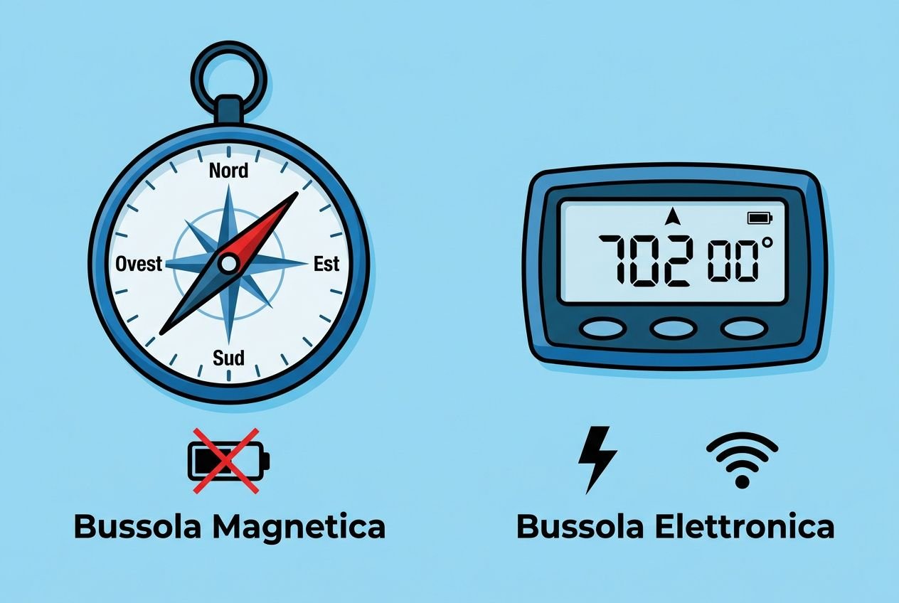 Bussola magnetica e bussola elettronica: due strumenti di orientamento, con una bussola magnetica a sinistra e un display digitale della bussola elettronica a destra. Incorporare la domanda: bussola magnetica cosa è.