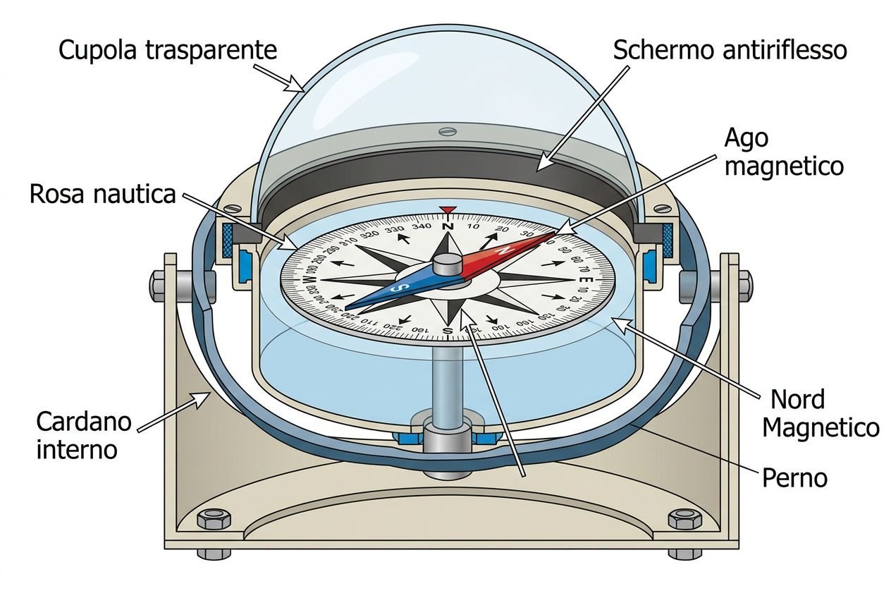 Bussola magnetica: disegno tecnico interno con cupola trasparente, scermo antiriflesso e aghi magnetici pesanti, etichette in italiano.