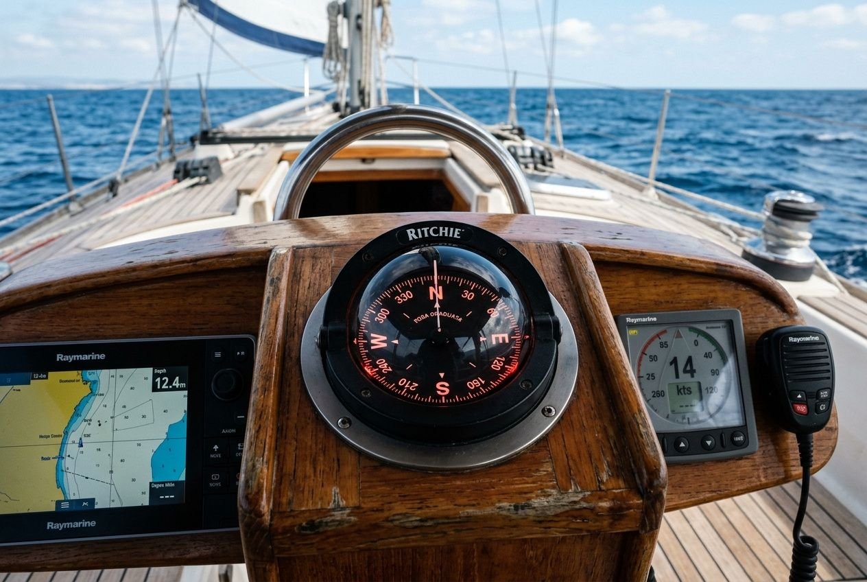 Bussola nautica professionale al centro della console di fronte al timone, con strumenti digitali e strumenti di navigazione sullo sfondo.