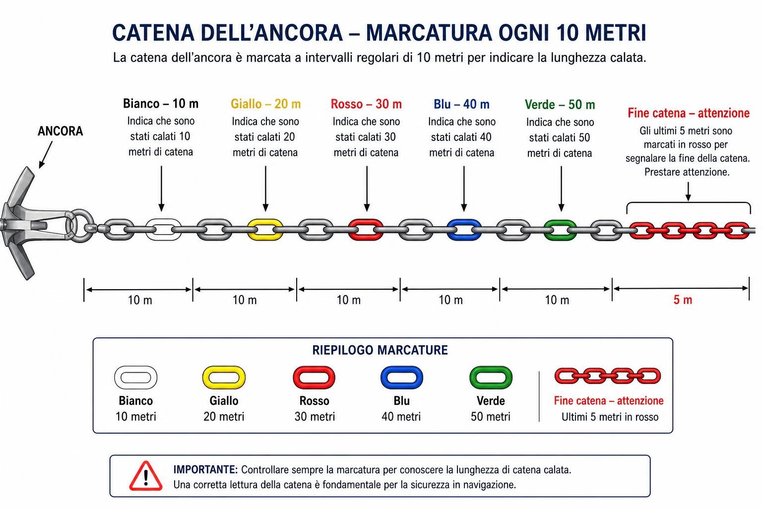 Catena dell’ancora marcata per ogni 10 metri con colori codificati: bianco 10 m, giallo 20 m, rosso 30 m, blu 40 m, verde 50 m e avvertimento corde finali in rosso.