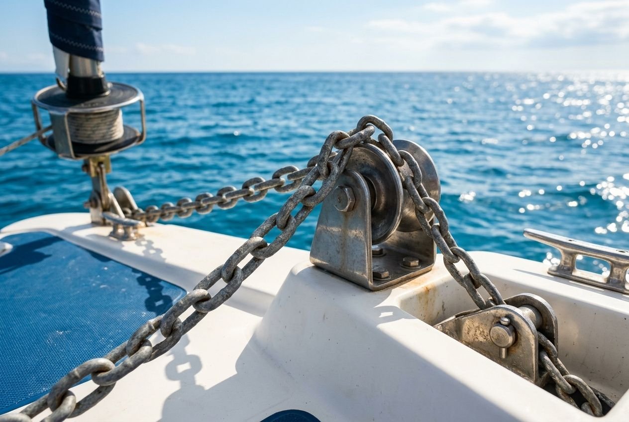 Catena e verricello sull'ancoraggio di una barca, vista del mare all'orizzonte. come misurare la catena dell'ancora.