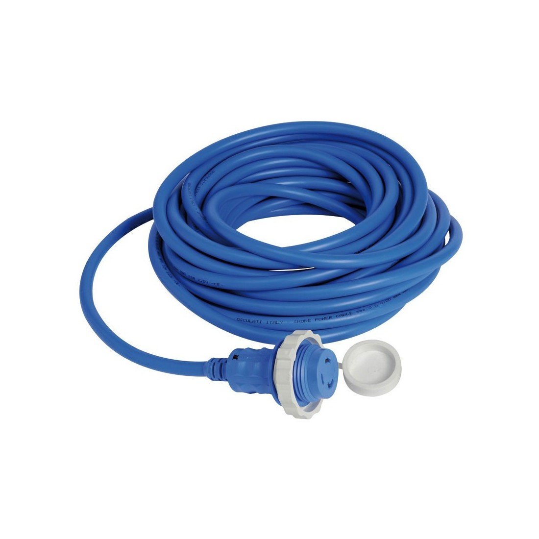 Cavo estendibile blu con spina impermeabile e cappuccio protettivo, pronto all’uso per accessori nautici. Cavo estendibile blu con spina impermeabile e cappuccio protettivo, pronto all’uso per accessori nautici.