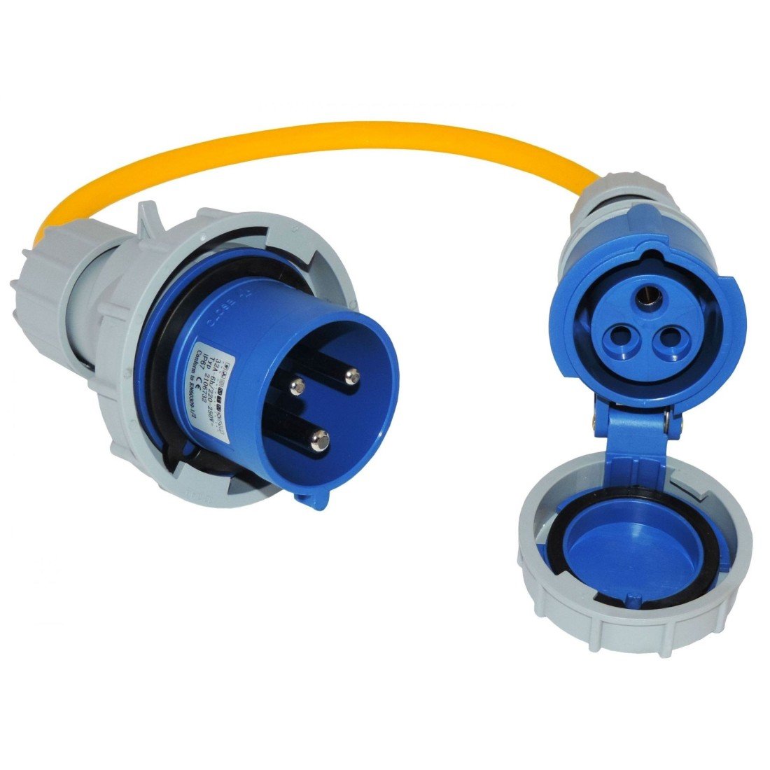 Cavo e spina industriale blu con spina Ø3 poli e contatti esagonali, guarnizioni e coperchio di protezione grigio; cavo giallo arancione. Cavo e spina industriale blu con spina Ø3 poli e contatti esagonali, guarnizioni e coperchio di protezione grigio; cavo giallo arancione.