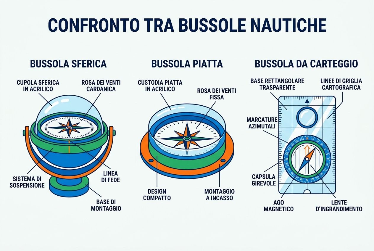 Confronto tra bussole nautiche: bussola sferica, bussola piatta e bussola da cartografio con componenti etichette e istruzioni. la bussola da rilevamento integrata naturalmente nel contesto della navigazione.