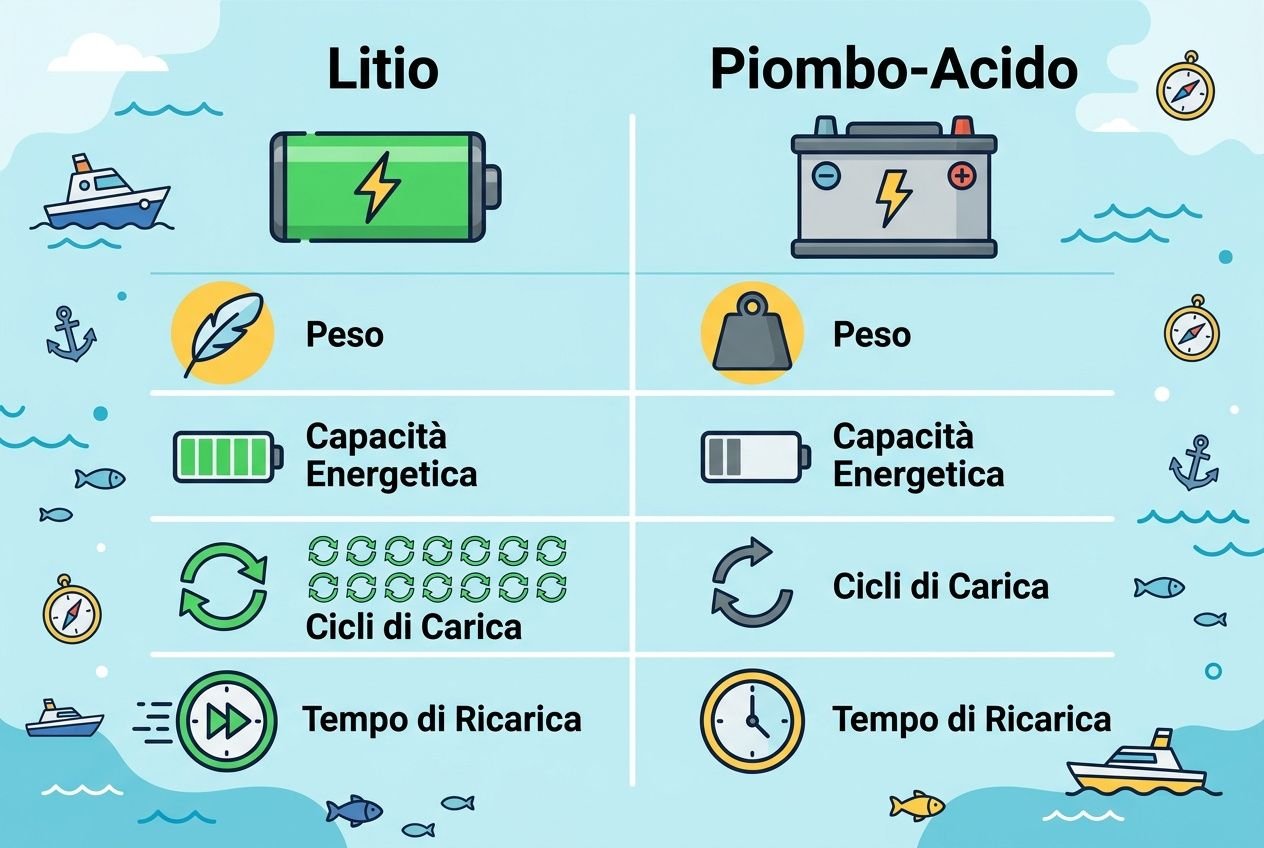 Confronto tra Litio e Piombo-Acido: autonomia motore elettrico marino, capacità energetica, cicli di carica e tempo di ricarica segnati da icone su sfondo marino.
