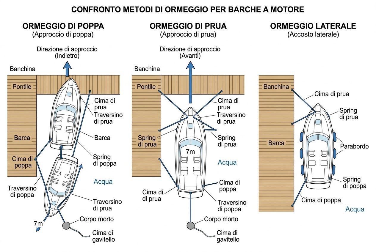 Confronto metodi di ormeggio per barche a motore: ormeggio di poppa, di prua e laterale con cime, traversini e boe al porto.