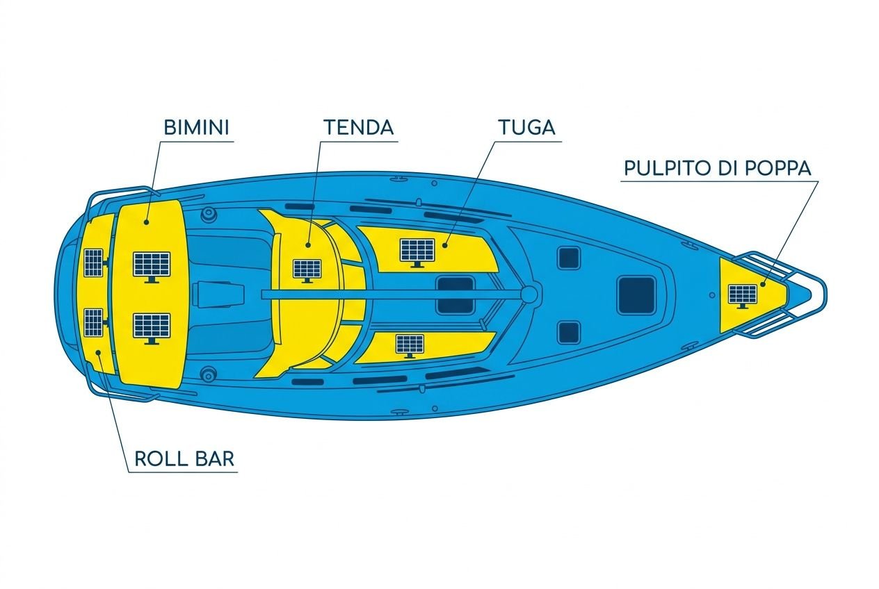 Diagramma di una barca con pannelli solari montati su superficie: aree gialle ben visibili, indicazioni come bimini, tenda, tuga, roll bar e pulpito di poppa. pannelli solari integrati.