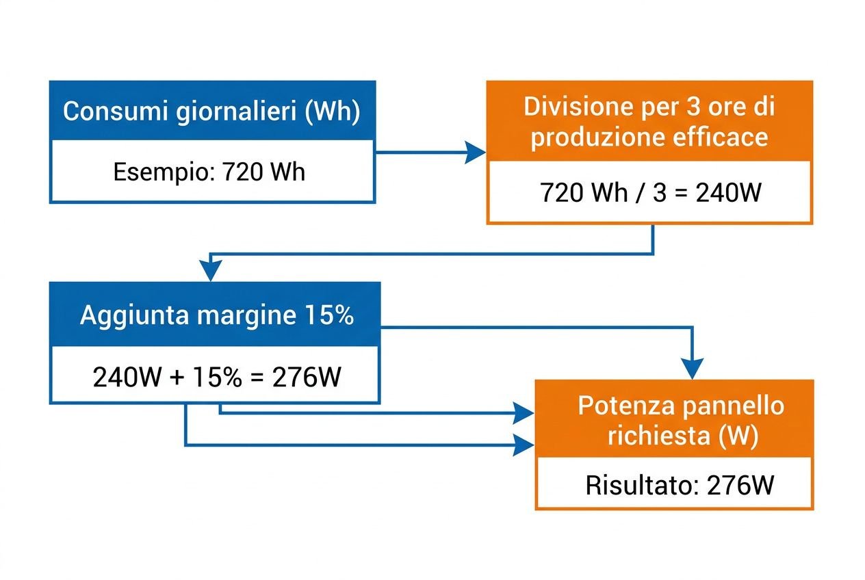 Diagramma di calcolo: consumo giornaliero e potenza necessaria per pannelli solari, mostra 720 Wh, divisione 3 ore → 240 W, margine 15% → 276 W come potenza richiesta.