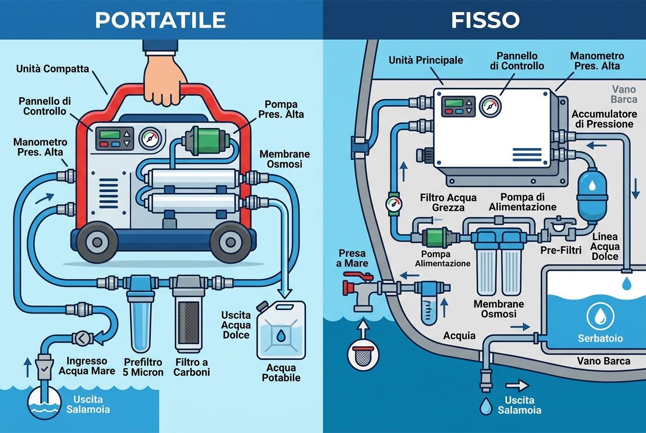 Diagramma comparativo tra dispositivi portatili e fissi di dissalatore nautico, mostrante componenti, input acqua di mare, membrane osmosi, filtro e quadro di controllo.