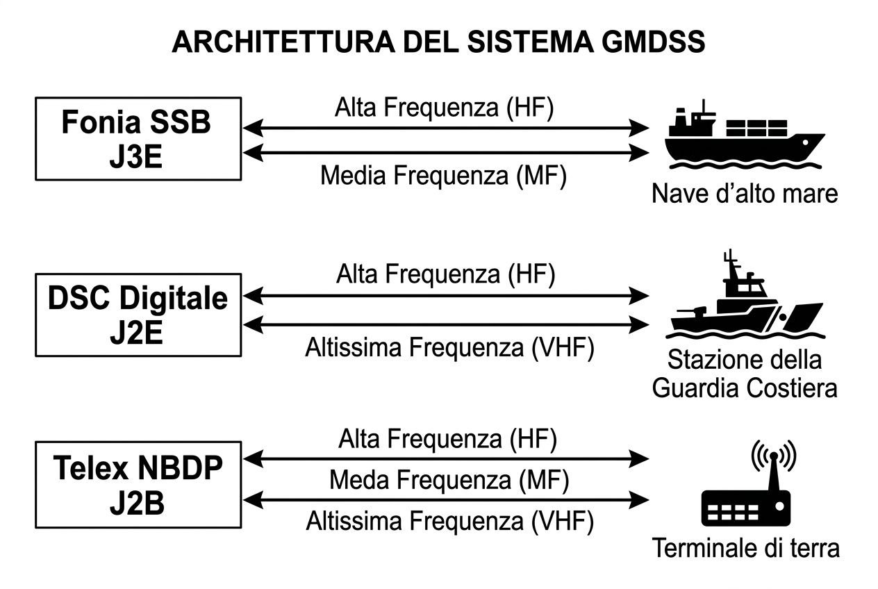 Diagramma dell’architettura del sistema GMDSS e connessioni tra Fonia SSB J3E, DSC Digitale J2E e Telex NBDP J2B verso nave, stazione di guardia costiera e terminale di terra. integra ricetrasmettitore marino mf hf guida naturalmente.