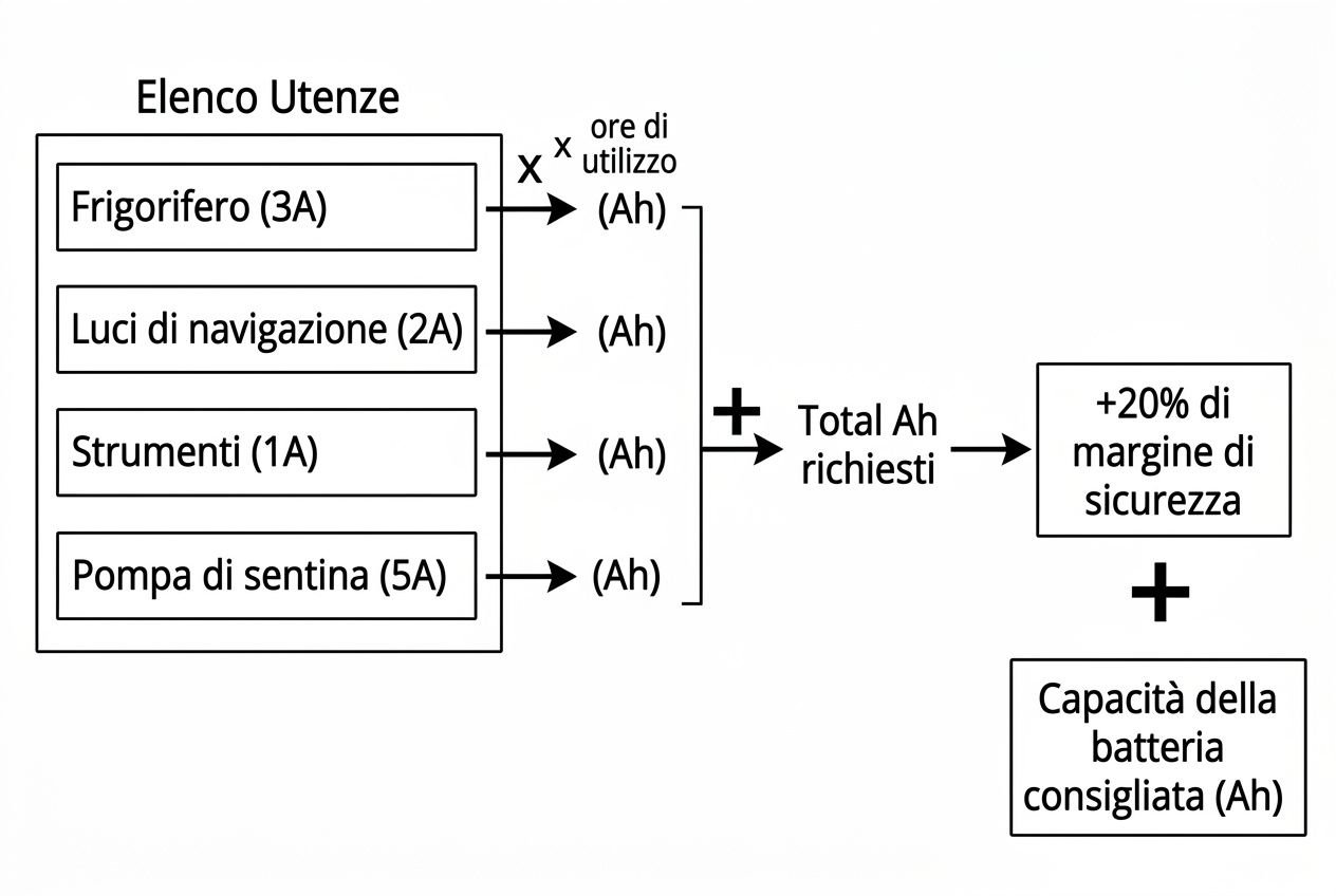 Diagramma con elenco utenze nautiche e flusso di Ah: calcolo totale richiesti più margine sicurezza + capacità batteria consigliata (Ah) per batterie per imbarcazioni.