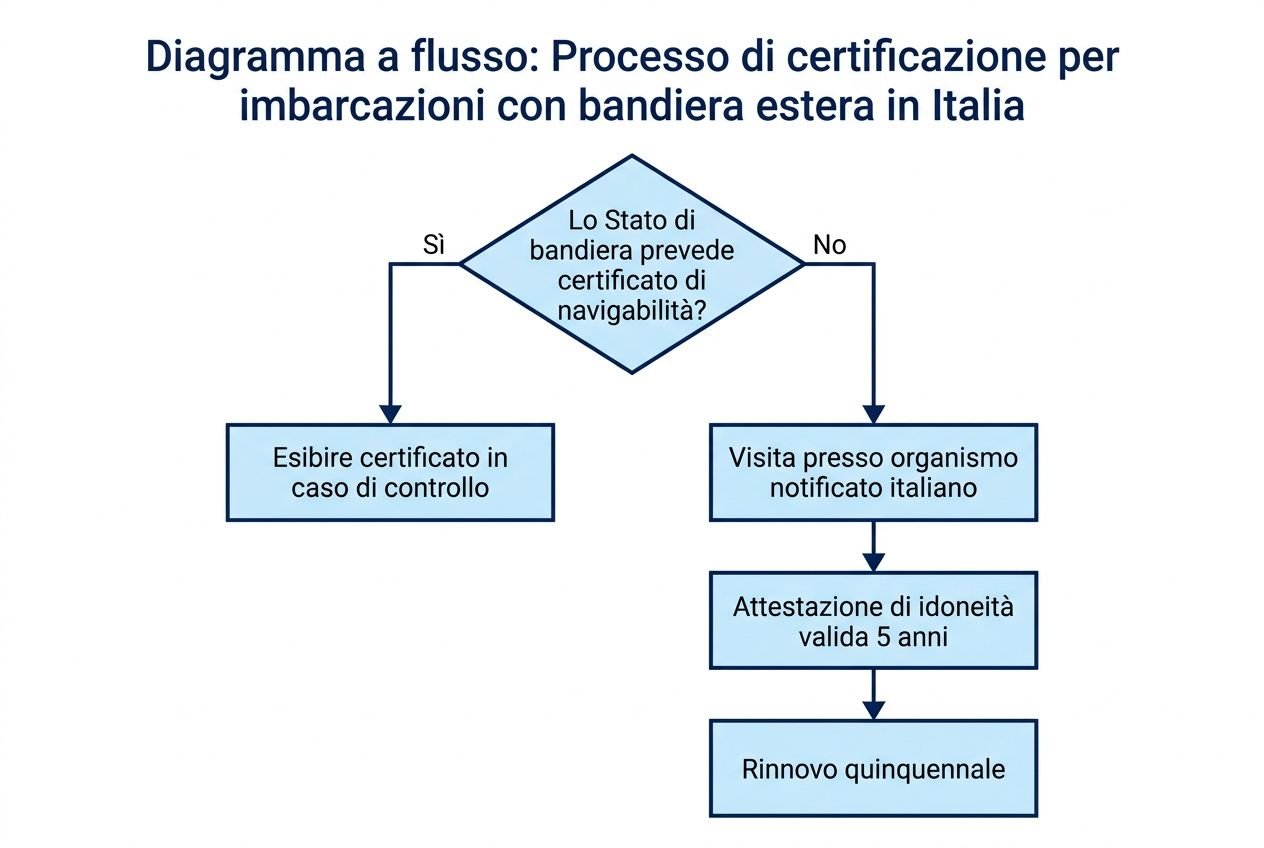 Diagramma a flusso: processo di certificazione per imbarcazioni con bandiera estera in Italia, includendo stato di bandiera, visite, attestazione e rinnovo quinennale. barche con bandiera estera: chi è coinvolto e chi no