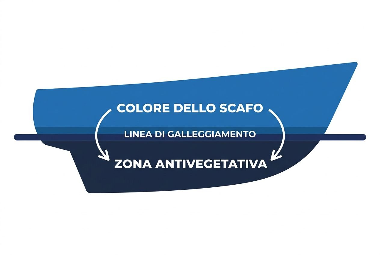 Diagramma illustrante i colori dello scafo e la zona antivegetativa, con linea di galleggiamento e indicazioni per scegliere i colori.
