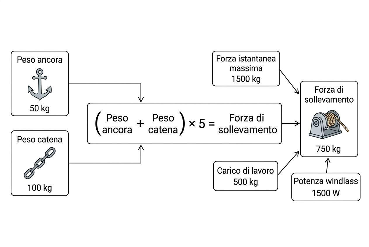 Diagramma che mostra la formula per calcolare la forza necessaria al salpa ancora: peso ancora e catena, carico di lavoro e potenza, con esempio di salpa ancora per barca. Migliori salpa ancore per barche