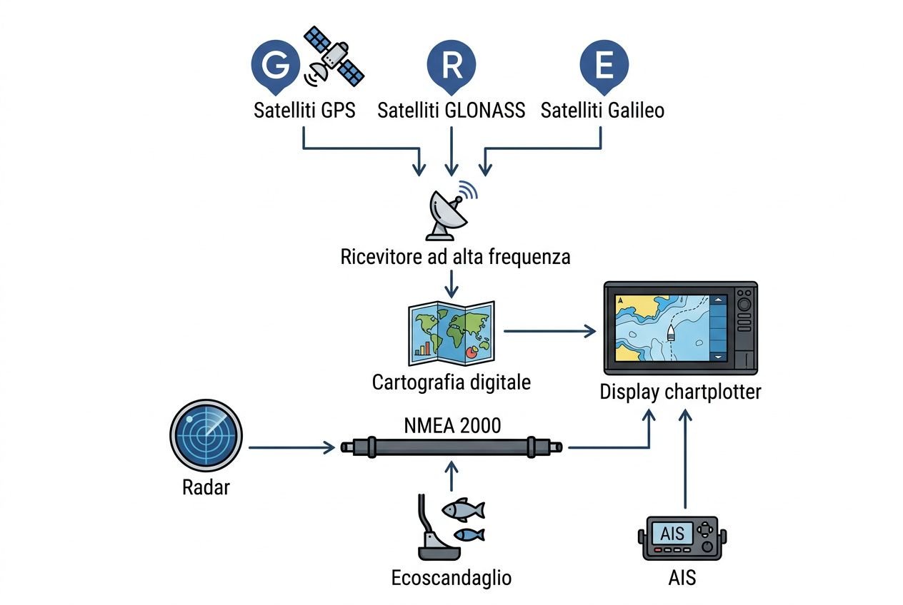 Diagramma di plotter nautico: ricevitore GPS, GLONASS, Galileo, cartografia digitale, display chartplotter, AIS, ecoscandaglio, radar e canale NMEA 2000, per navigazione sicura. Come funziona plotter nautico.