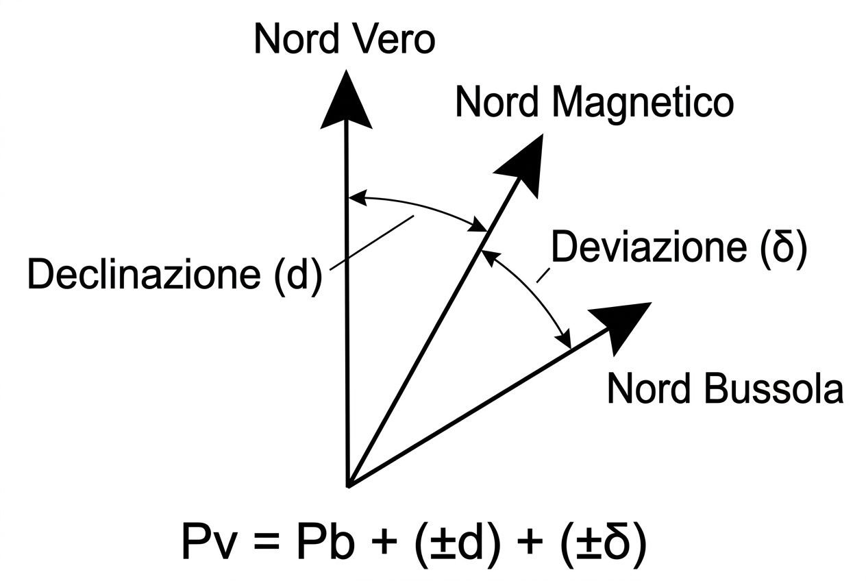 Diagramma di rotazione polare: Nord Vero, Nord Magnetico e Nord Bussola con deviazione e declinazione; formula PV = Pb + (±d) + (±δ) per carteggio nautico.