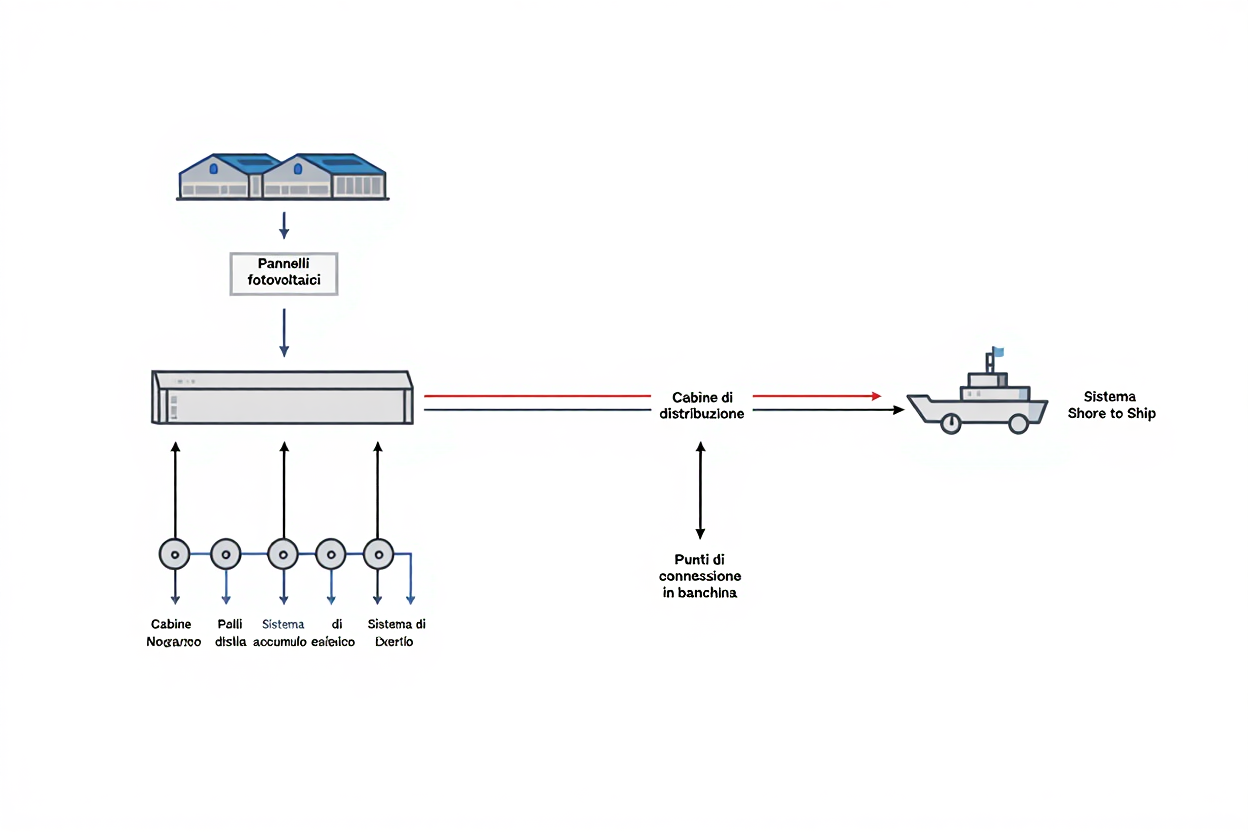 Diagramma di un sistema logico per la gestione portuale: pannelli fotovoltaici alimentano un modulo di distribuzione e vari cablaggi verso cabine nodpo, sistemi di stiva e deposito, collegati a punti di connessione in banchina e a una barca, con sistema Shore to Ship. (approdi e porti in friuli venezia giulia)