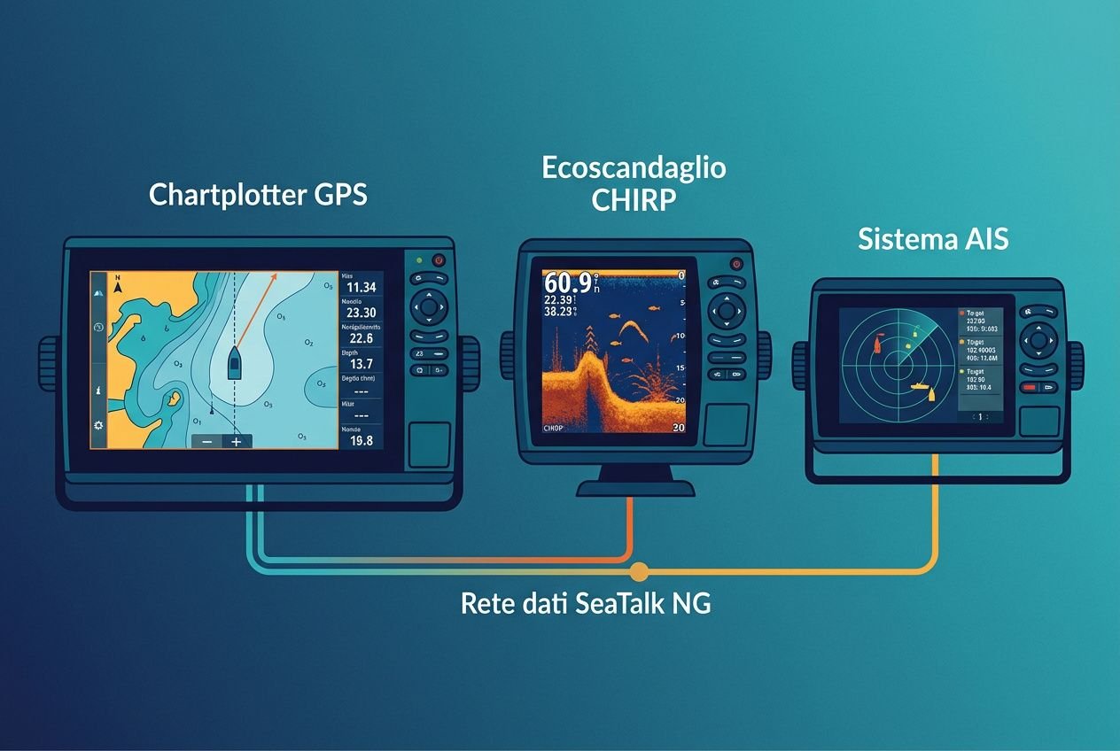 Diagramma di strumenti nautici: chartplotter GPS, ecoscandaglio CHIRP e sistema AIS collegati alla rete SeaTalk NG per navigazione e sicurezza.