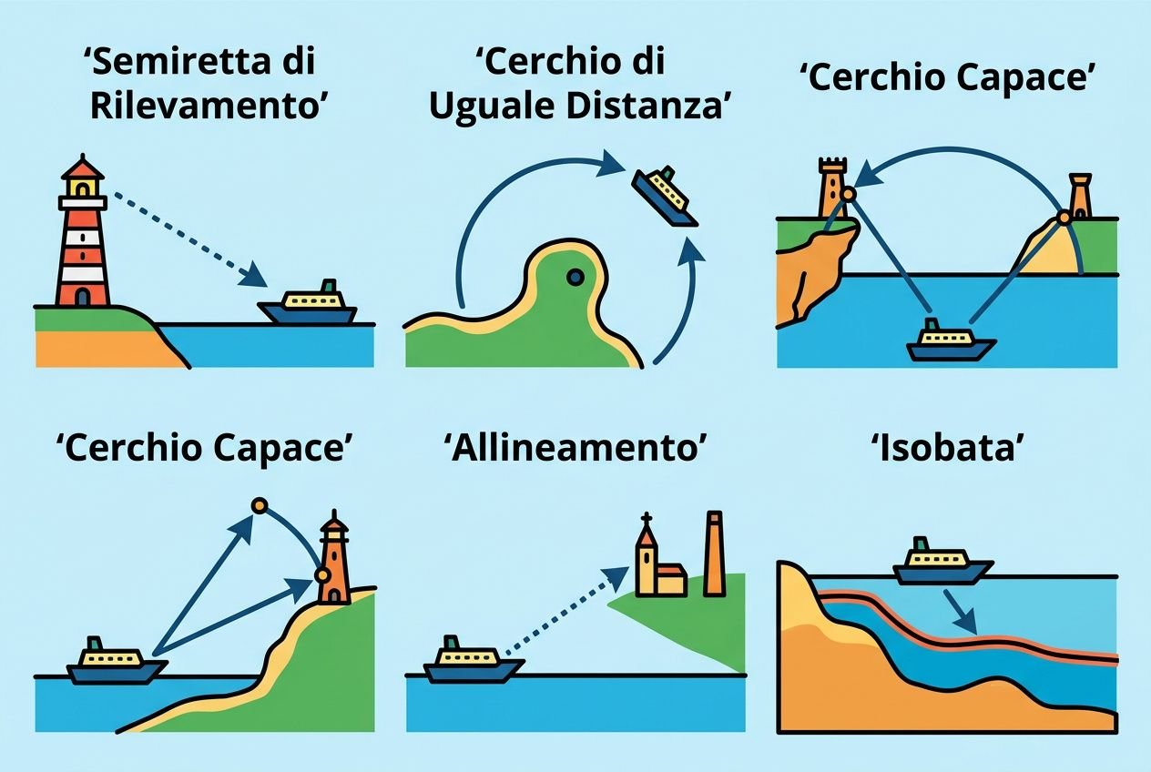 Diagramma delle tecniche per determinare il punto nave: semiretta di rilevamento, cerchio di uguale distanza, cerchio capace, allineamento e isobata per la rotta aqua.
