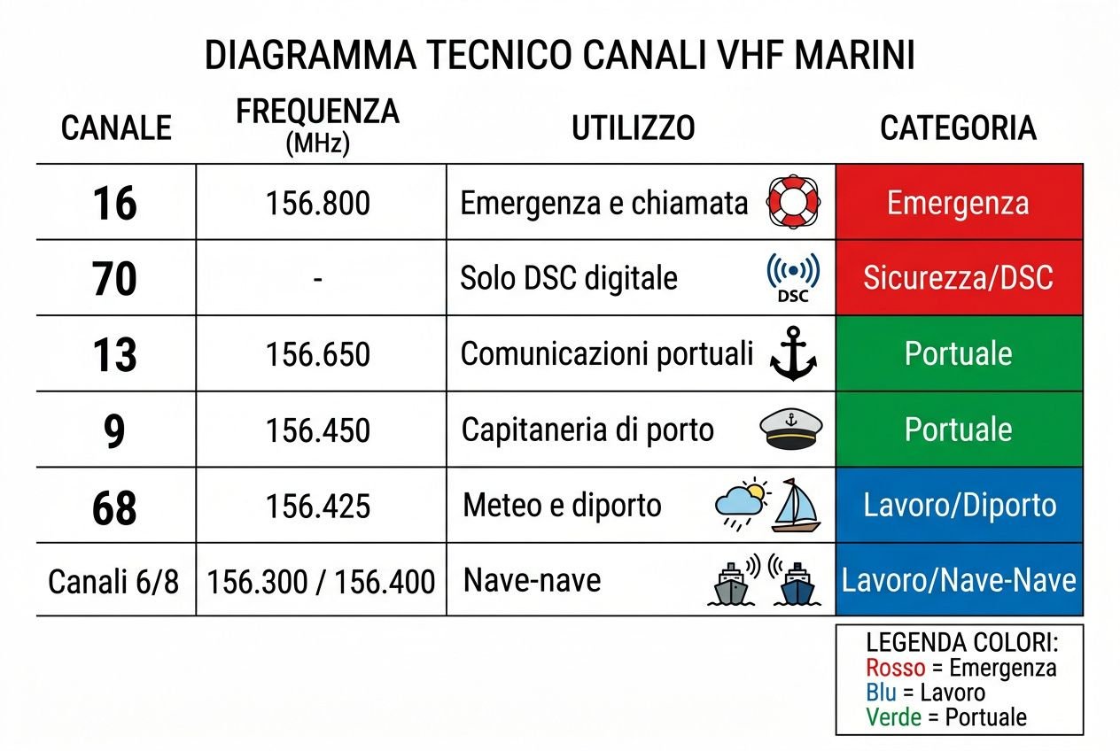 Diagramma tecnico dei canali VHF marini: canali, frequenze, utilizzo e categoria, inclusi 16 per emergenza e 70, 13, 9, 68, canali 6/8 per navigazione. vhf marino quando si usa si integra naturalmente.