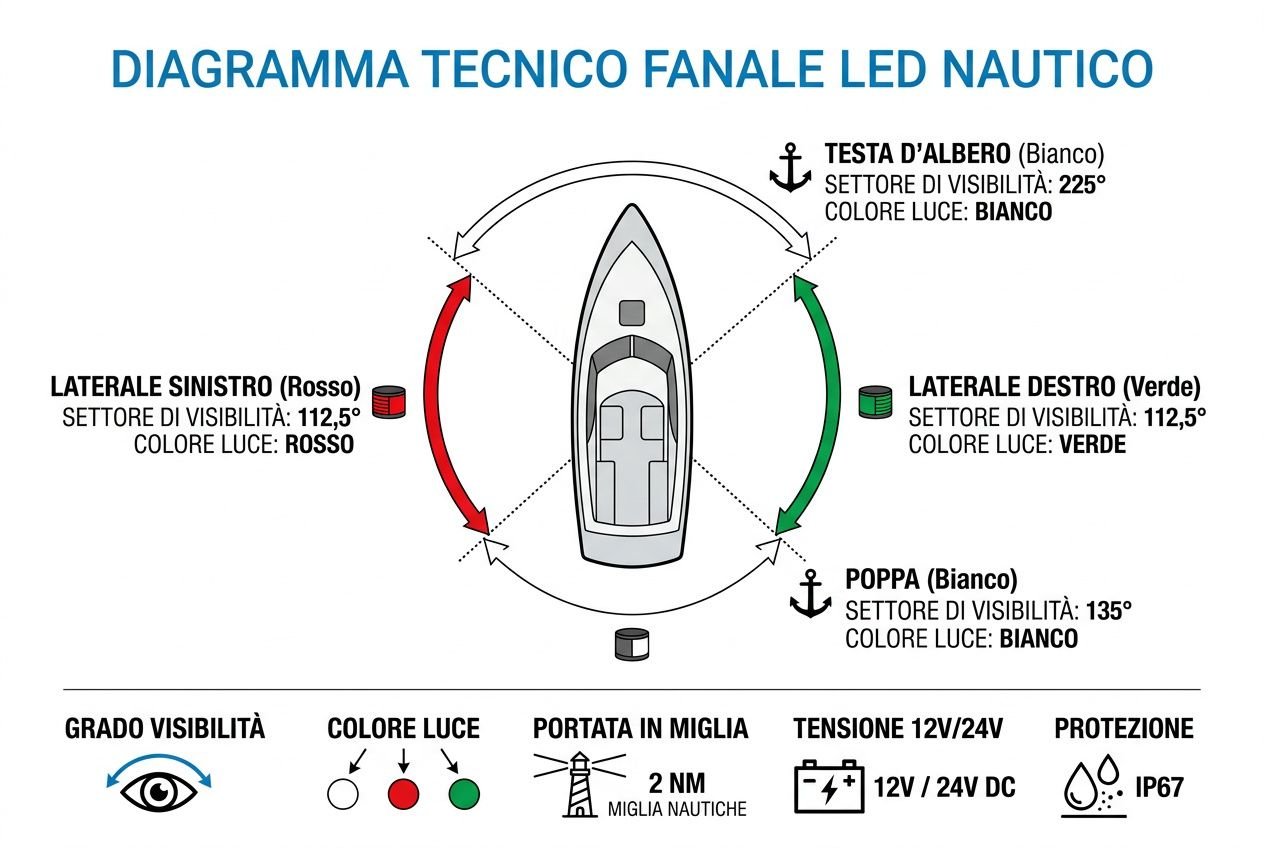 Diagramma tecnico fanale LED nautico con luci di navigazione: luci laterali rosse/verdi, tesa d’albero bianca, poppa bianca; legenda colore, visibilità e protezione IP67, tema illuminazione di bordo barca.