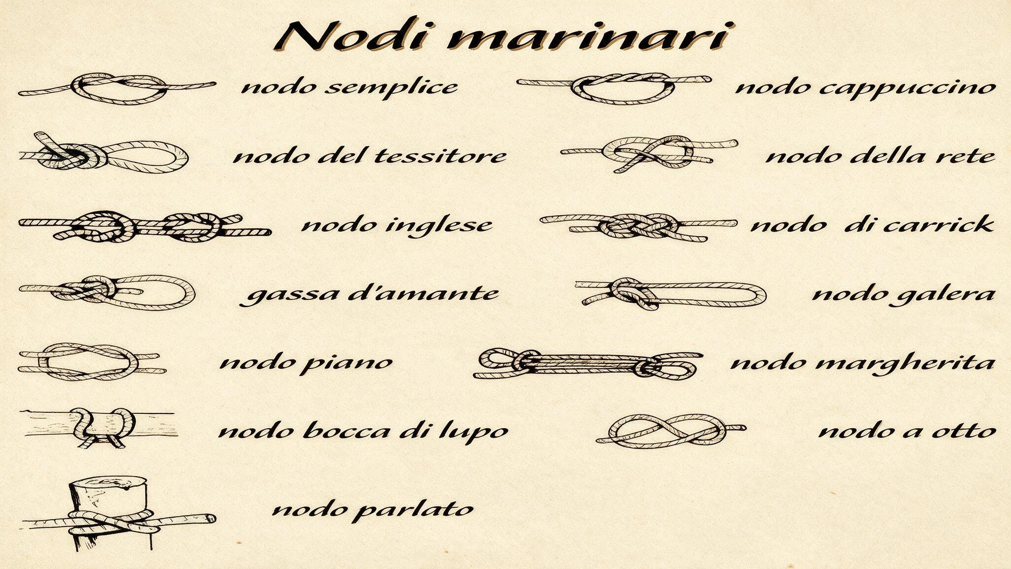 Diagramma tecnico di nodi marini con etichette italiane: nodi semplici, cappuccino, del tessitore, della rete, inglese, carrick, gassa d’amante, galera, piano, margherita, bocca di lupo, otto, parlat o.