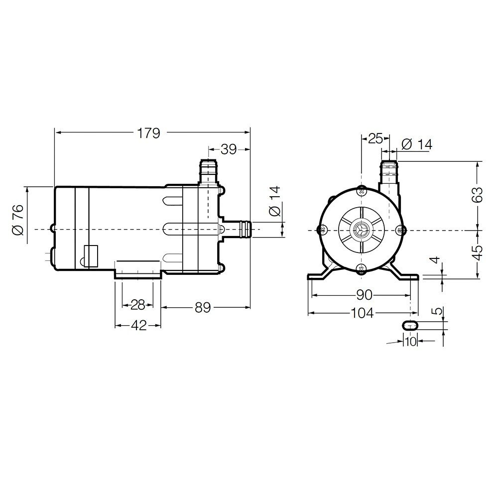 Diagramma tecnico di una presa a mare per barca: vista laterale e frontale con dimensioni precise e raccordi, integrato con la grafica di misura. prevede dimensioni e componenti chiave.