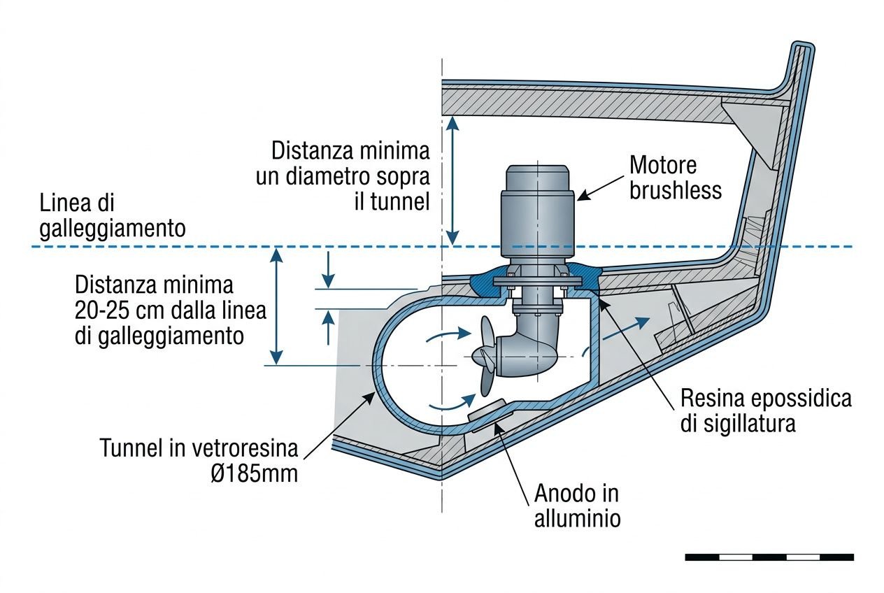 Diagramma di un’elettica di prua installazione: tunnel in vetroresina Ø185 mm, motore brushless e anodo in alluminio, distanza dal galleggiamento.