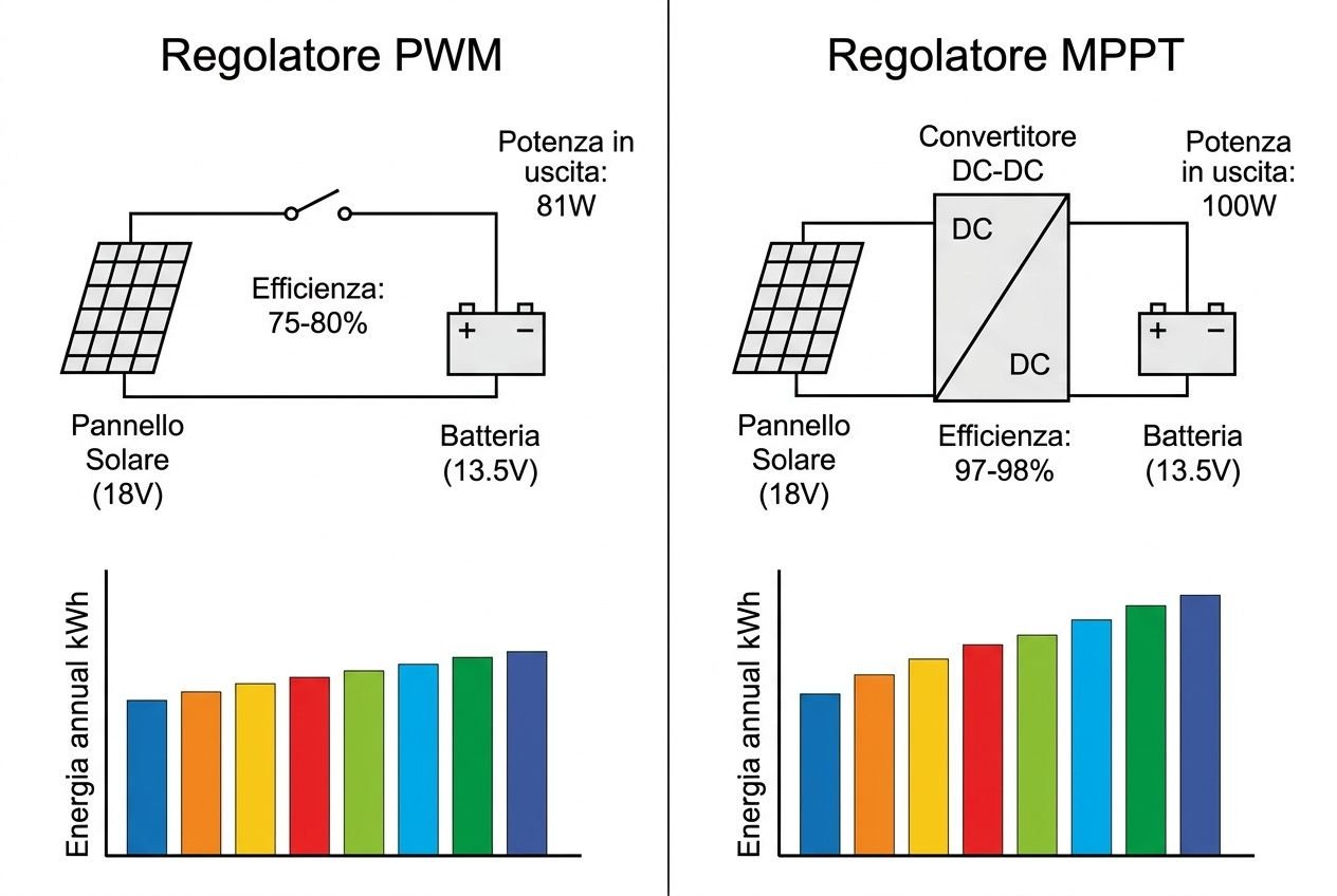 Differenza tra regolatori PWM e MPPT: confronto grafico con pannello solare 18V, batteria 13,5V e grafici di energia annua.